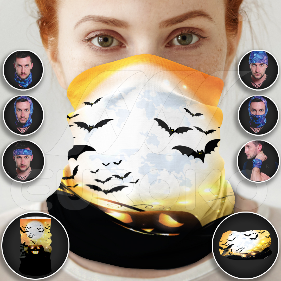 Motifs Halloween vibrants avec citrouilles et chauves-souris lumineuses.